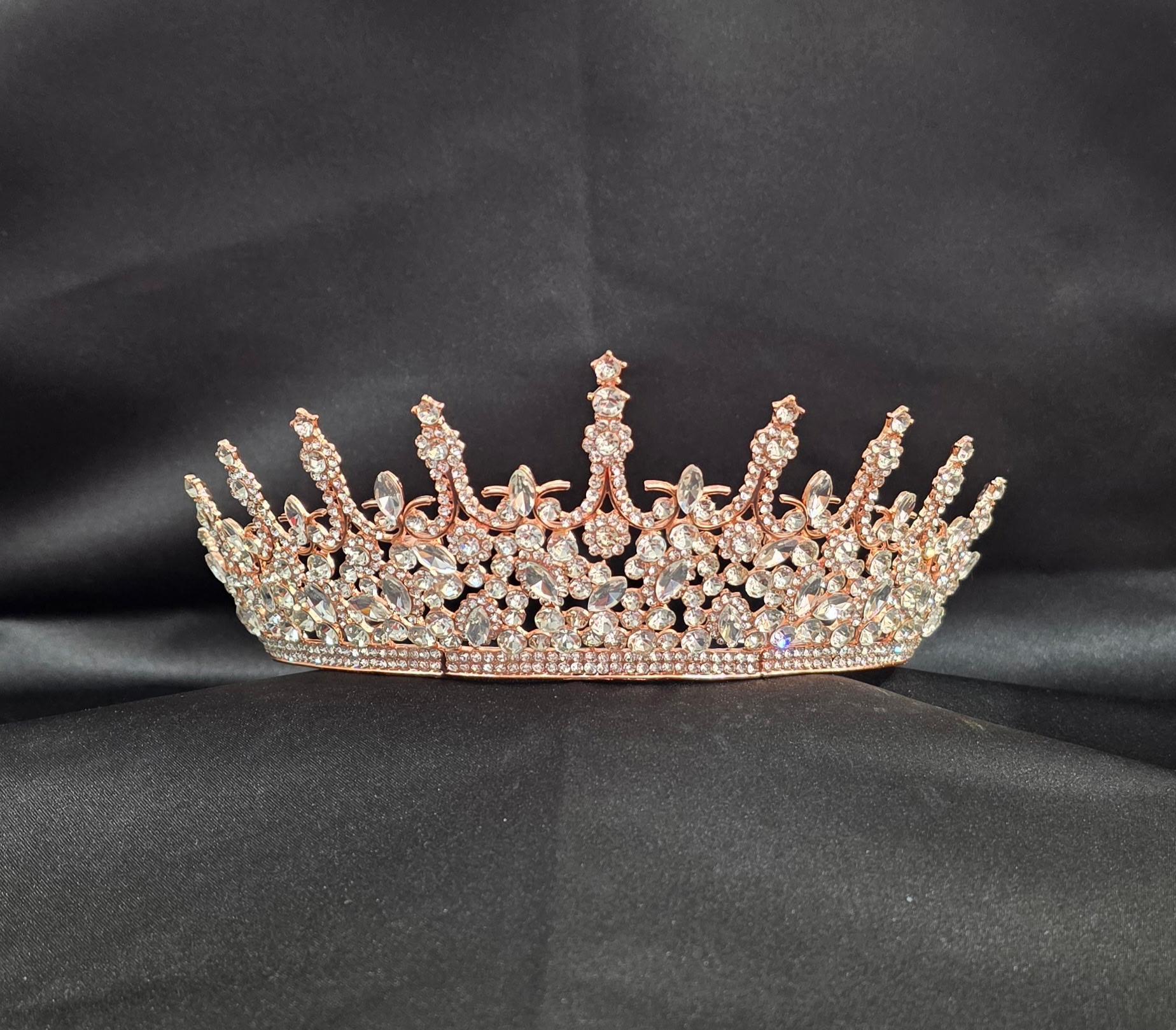 Intricate Crystal CROWN Tiara with Detailed Leaf and Butterfly Motifs, Secure Combs, and Textured Setting - Style CR1025 image