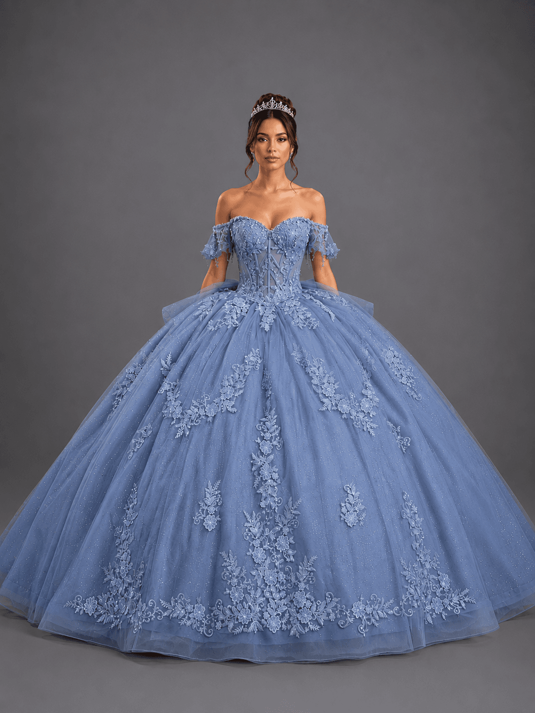 Off-the-Shoulder Quinceanera Ball Gown with Sweetheart Corset Bodice, Tiered Overskirt, Lace Applique, Glitter Tulle, and Statement Back Bow - Style 5171 image