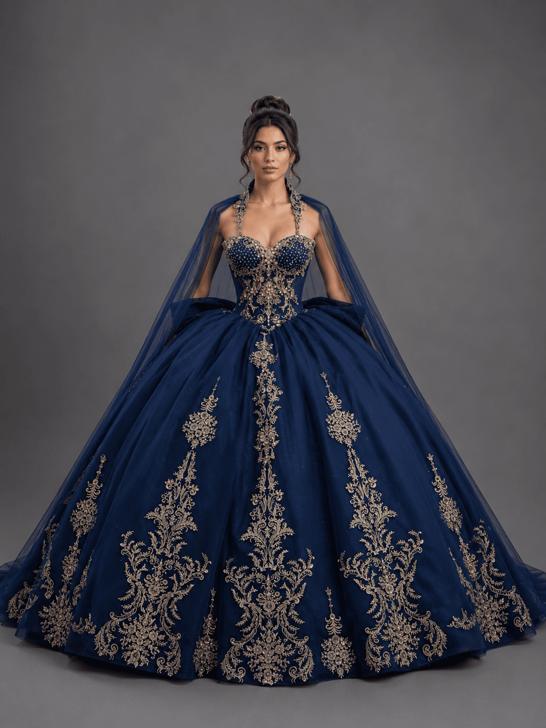 Ball Gown Quinceanera Dress with Beaded Sweetheart Bodice, Halter Neckline, Embroidered Appliques, and Detachable Tulle Cape - Style 5176 image