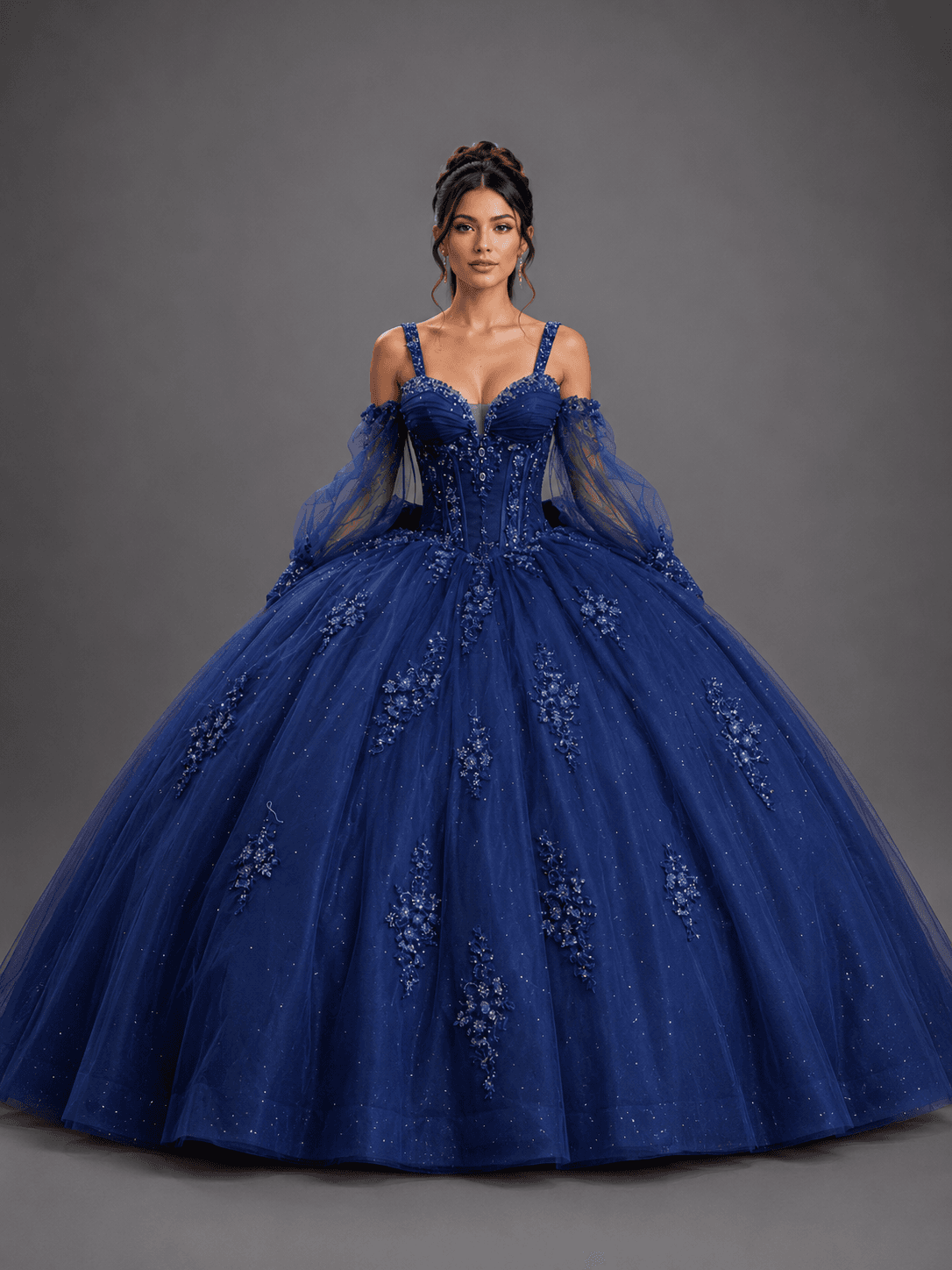Off-the-Shoulder Ball Gown Quinceanera Dress with Beaded Corset Bodice, Sweetheart Neckline, Spaghetti Straps, Puff Sleeves, and Glitter Tulle Skirt - Style 5177 image
