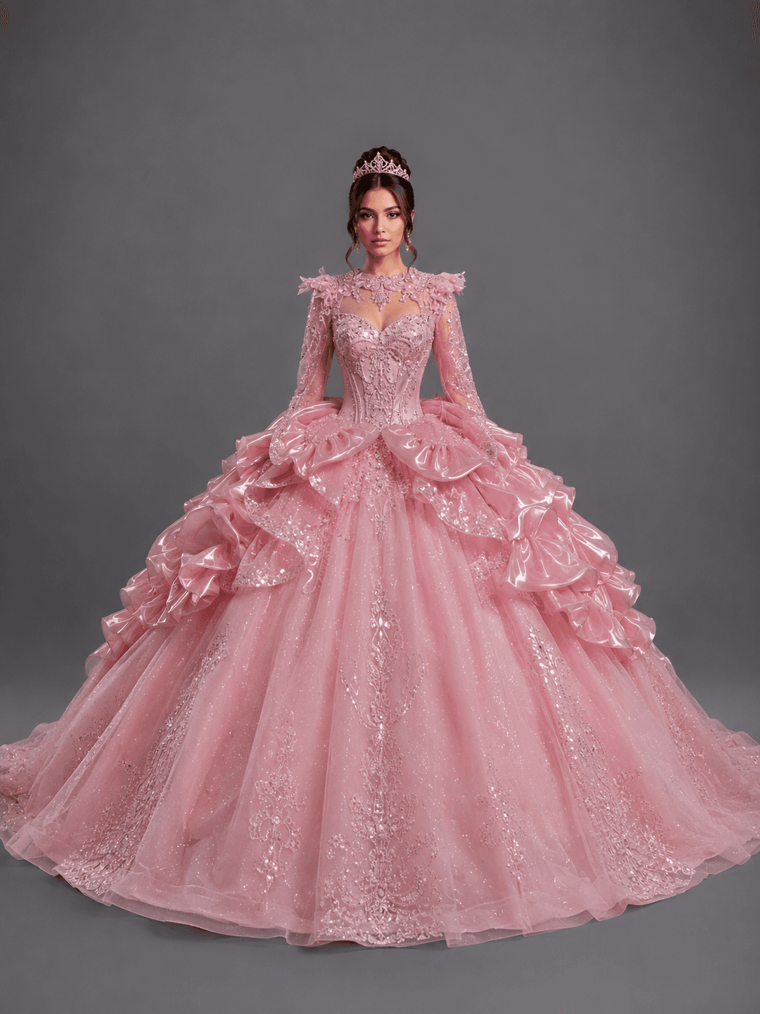 Off-the-Shoulder Quinceanera Ball Gown with Sweetheart Corset Bodice, Tiered Overskirt, Lace Applique, Glitter Tulle, and Statement Back Bow - Style 5189 image