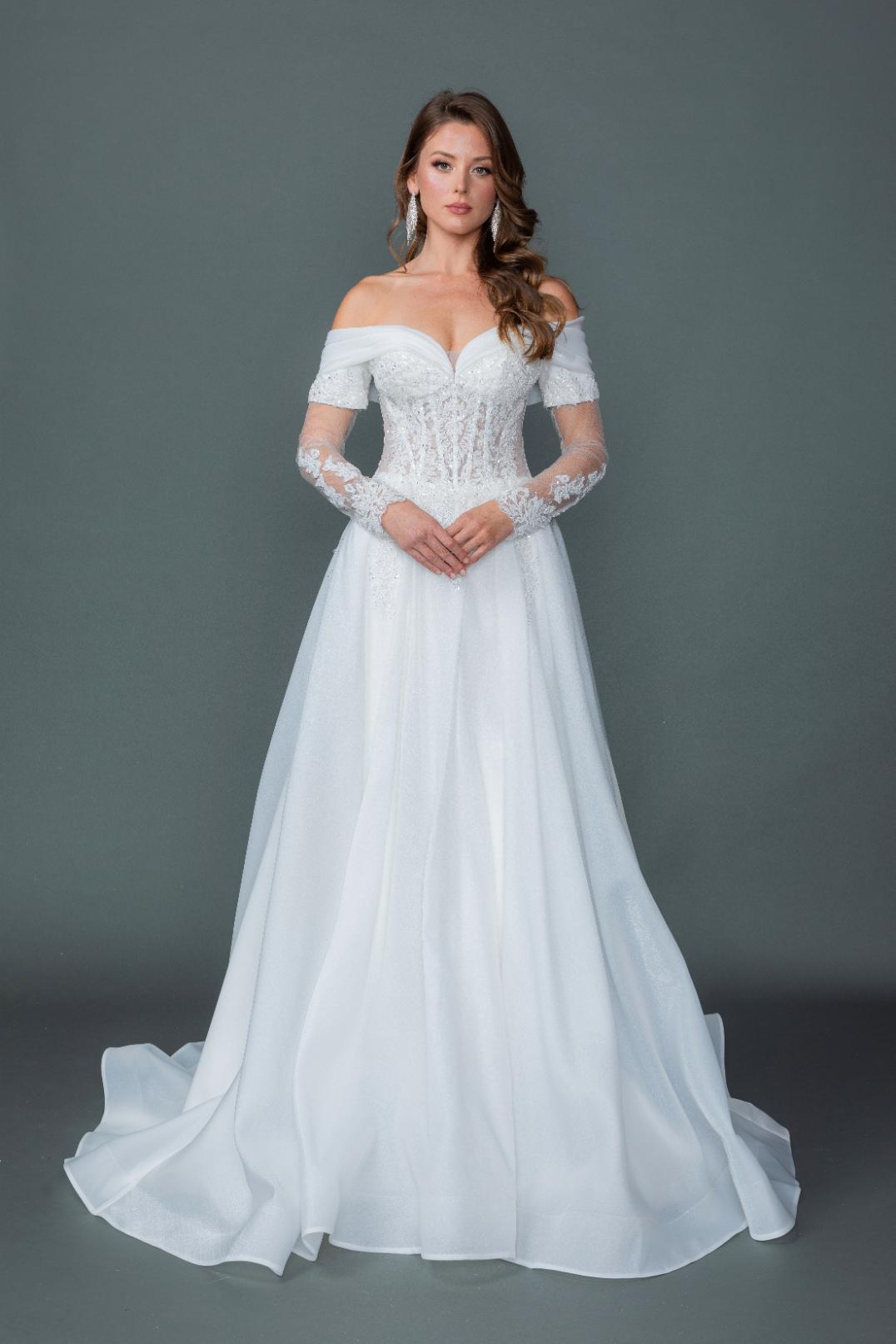 Off-the-Shoulder Sweetheart A-Line Wedding Dress with Illusion Lace Bodice, Long Lace Sleeves, and Sweep Train - Style 0327 image