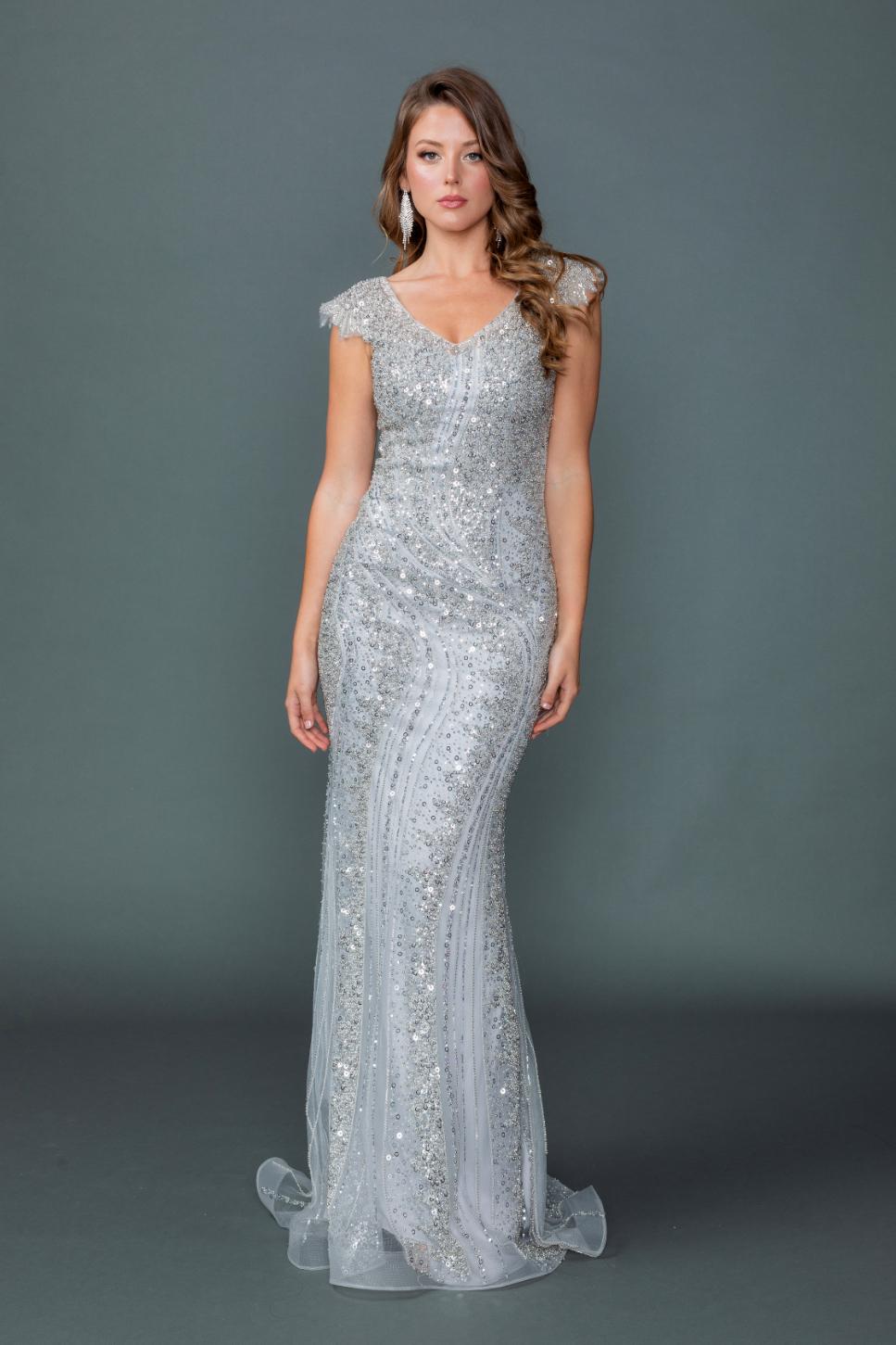 Cap Sleeve V-Neck Sequin Embellished Fitted Mermaid Prom Dress with Illusion Mesh and Sweep Train - Style 4613 image