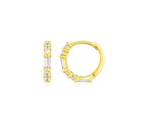 14k Yellow Gold Petite Hoop Earrings with Baguette Cubic Zirconias image