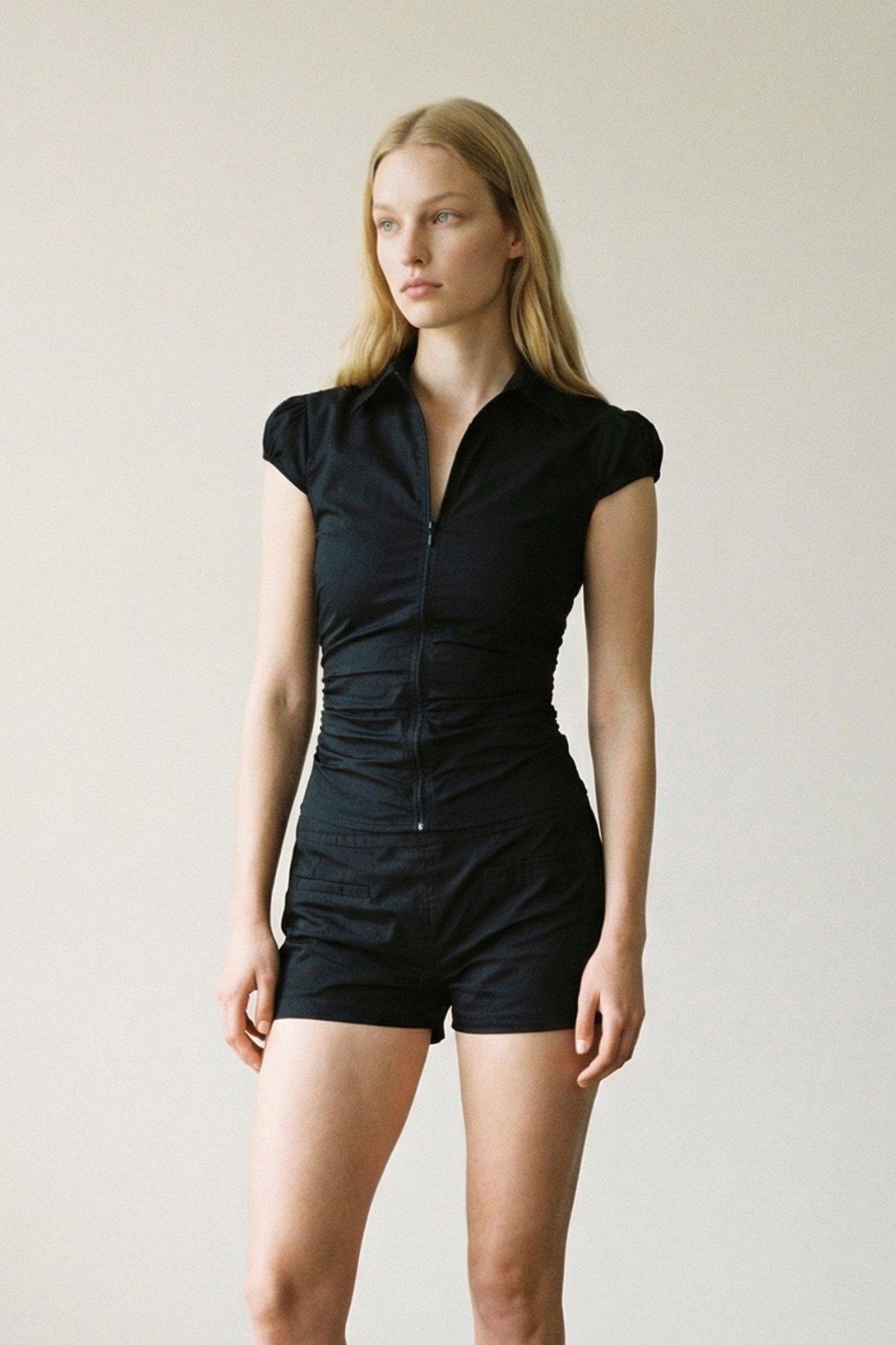 Zip Short Sleeve Blouse And Shorts Set (C6772SET) image