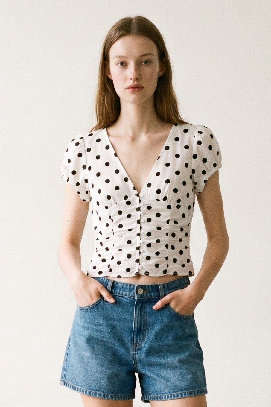 Polka Dot Cotton V-Neck Blouse (C6688T) image