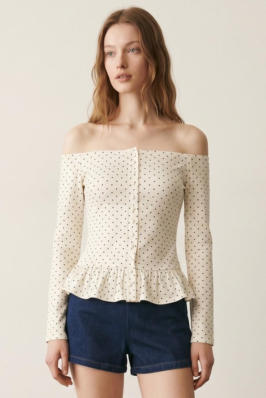Polka Dot Off-Shoulder Ruffle Pants (Polka Dot Off Shoulder Button Down Top) image