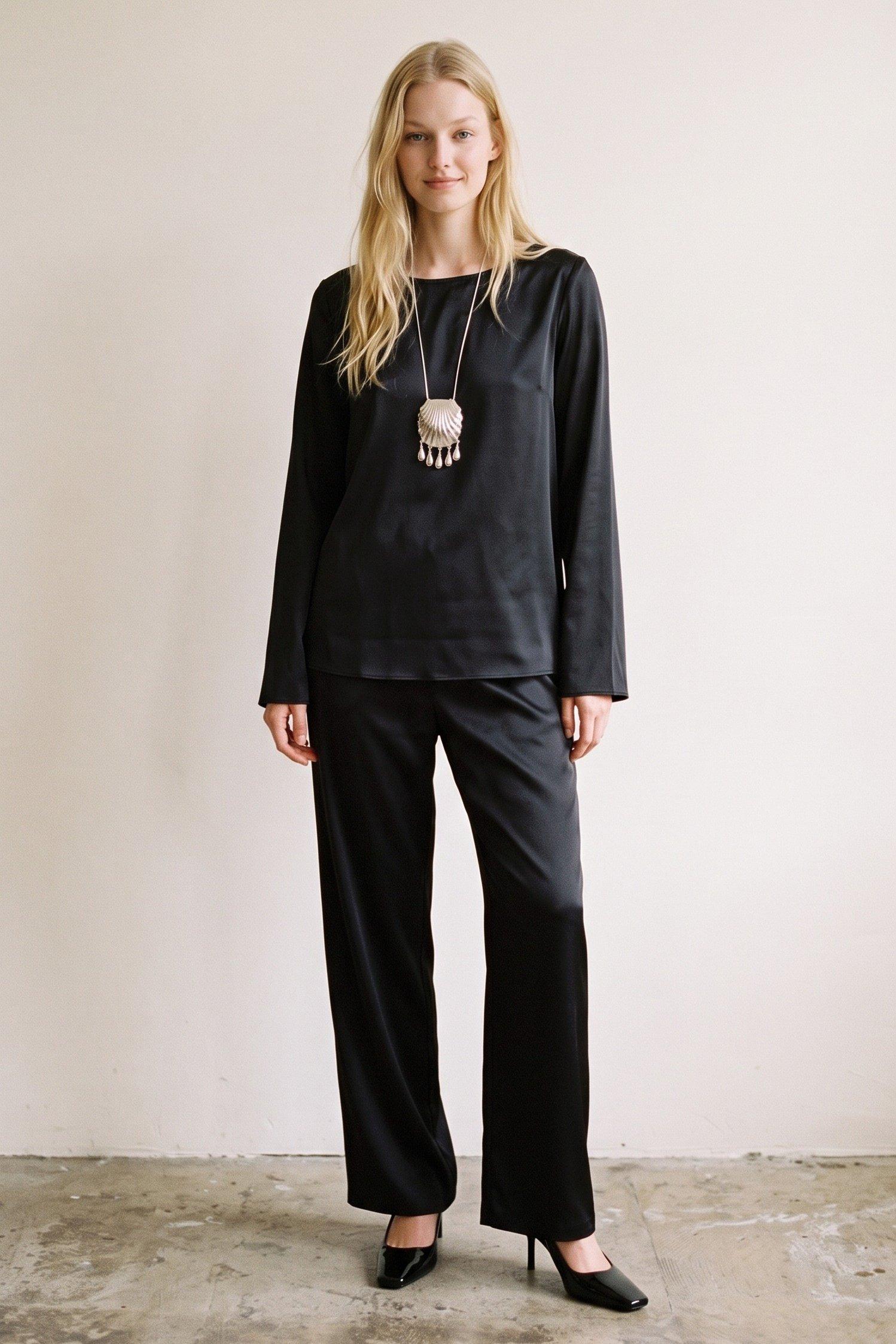 Satin Long Sleeve Two-Piece Set (Satin Long Sleeves Top and Pants Set) image