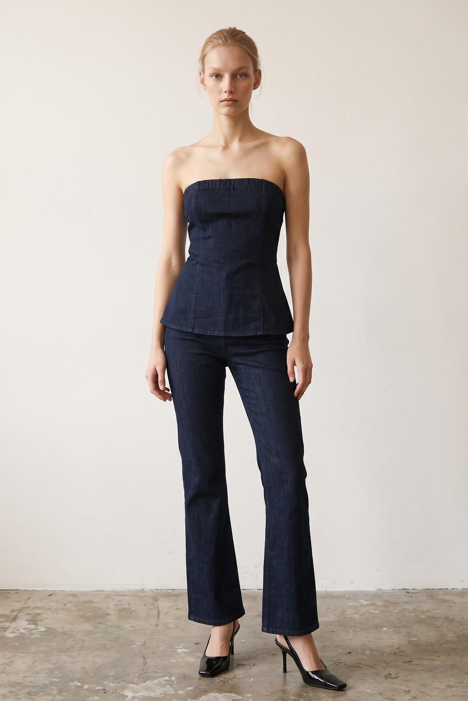 Denim Strapless Flared Two-Piece Set (Denim Bustier Top &amp; Flare Pants Set) image