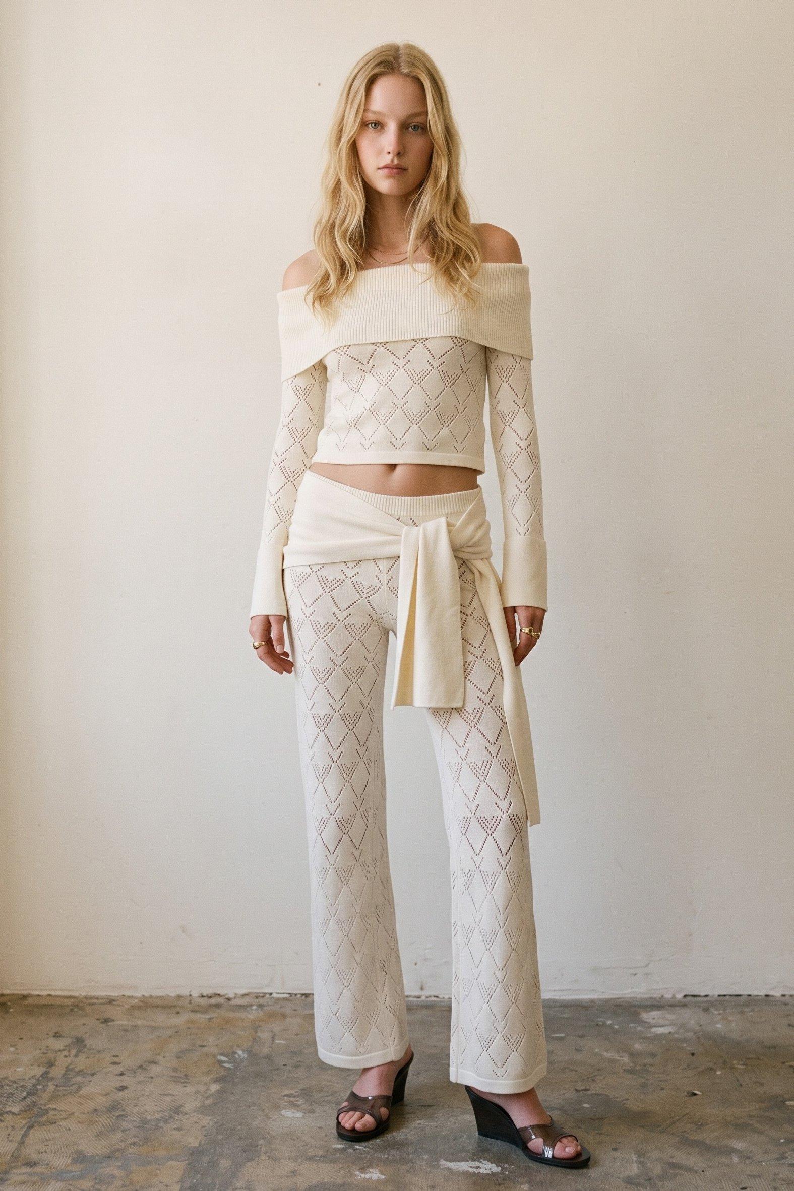 Pointelle Crochet Knit Two-Piece Set (2 Piece Knit Off The Shoulder Top W/ Pants Set) image