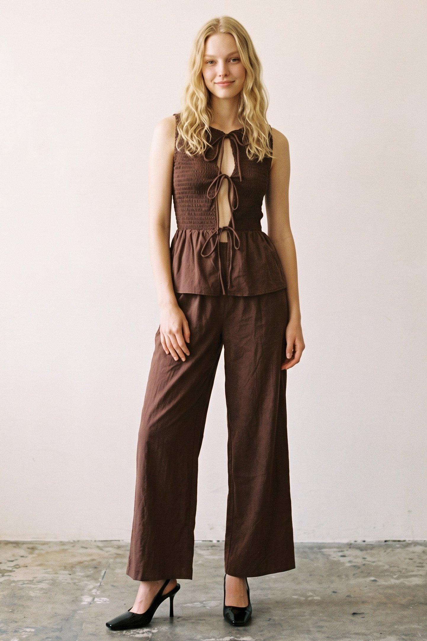 Fitted Wide Leg Sleeveless Two-Piece Set (Shirred Tie Front Top &amp; Pants Set) image