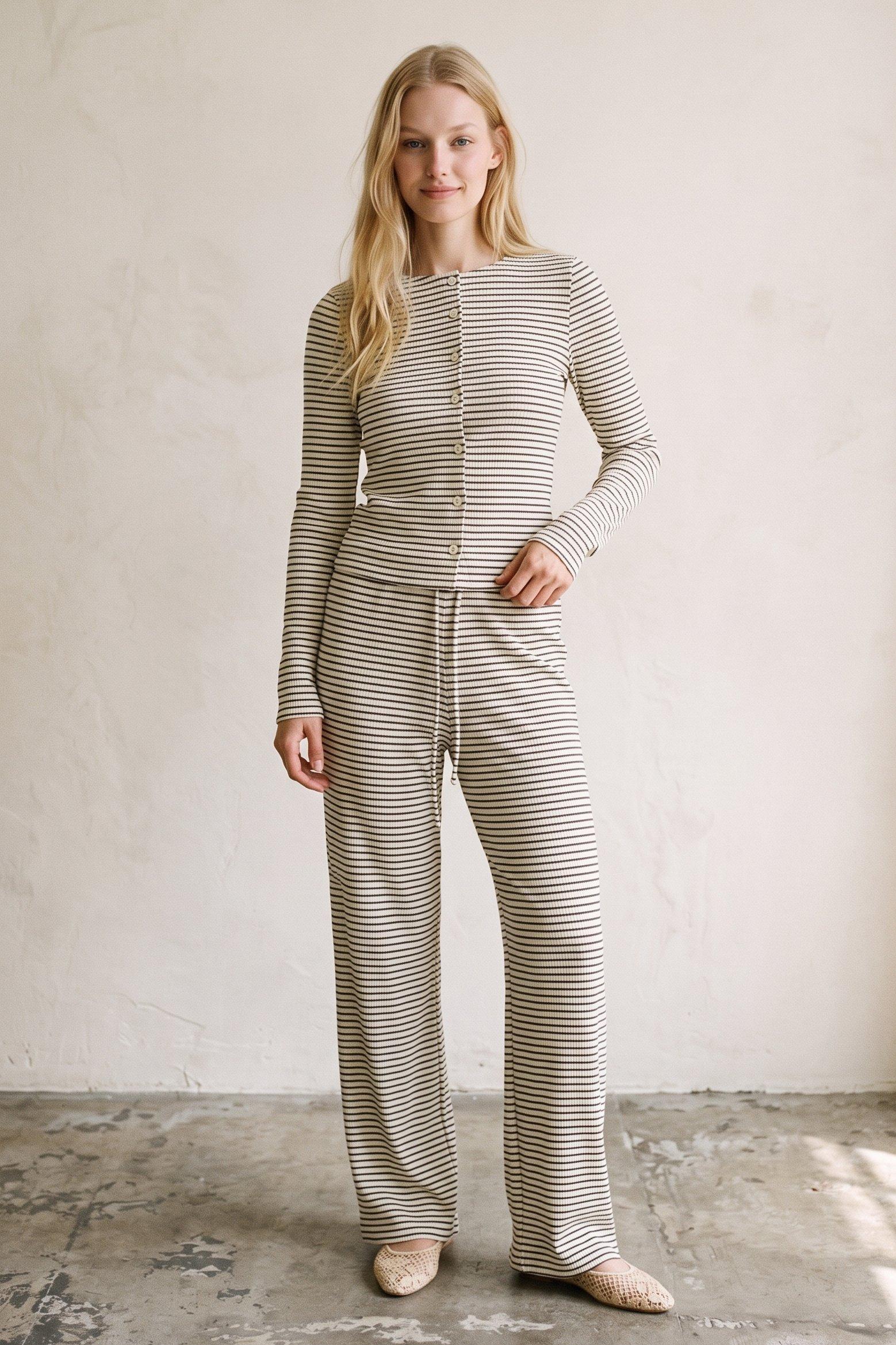Ribbed Knit Two-Piece Set (2 Piece Striped Knit Cardigan &amp; Pants Sets) image
