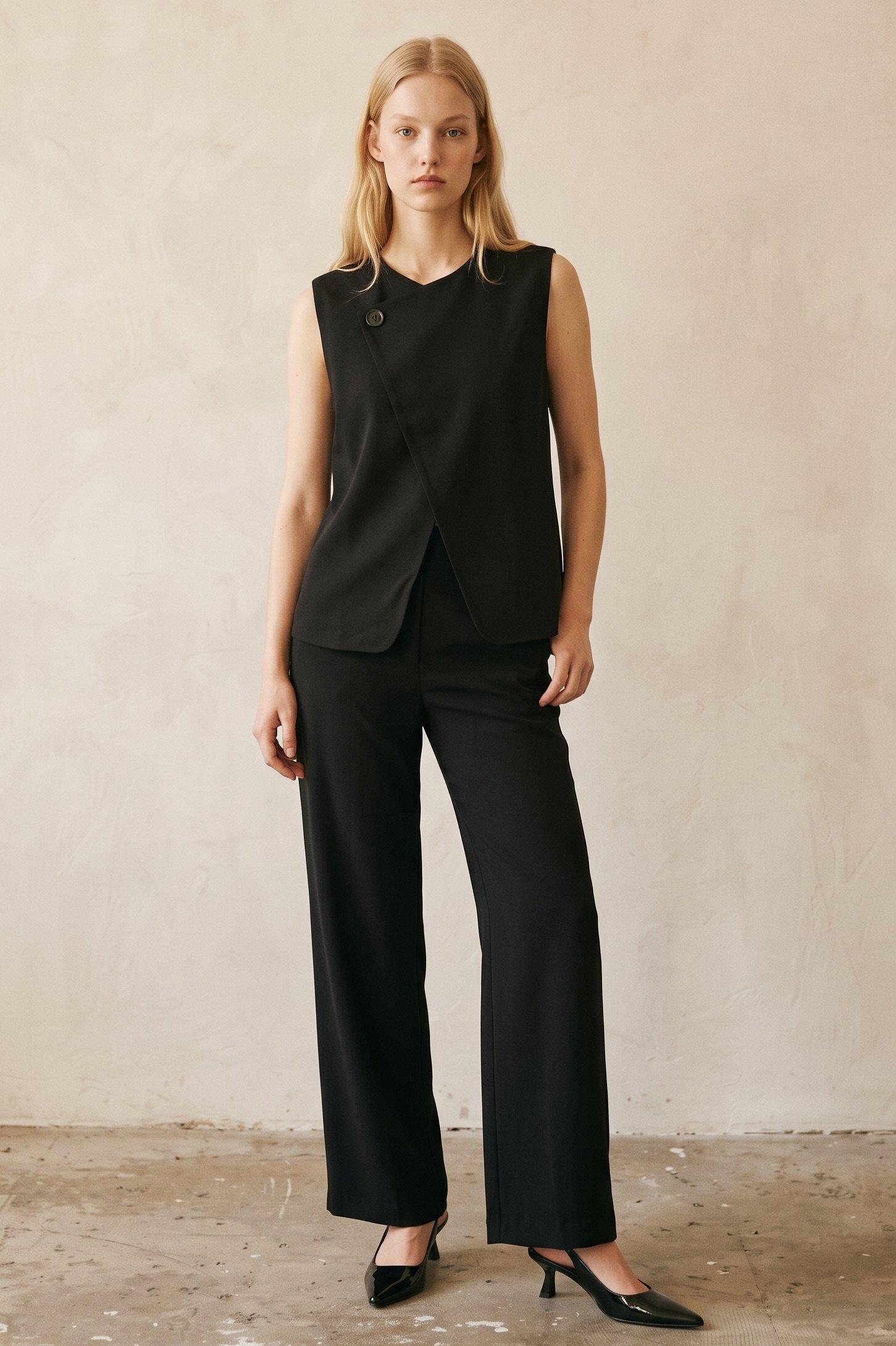 V-Neck Asymmetric Wrap Two-Piece Set (Asymmetric Wrap Top and High Waisted Trousers Set)