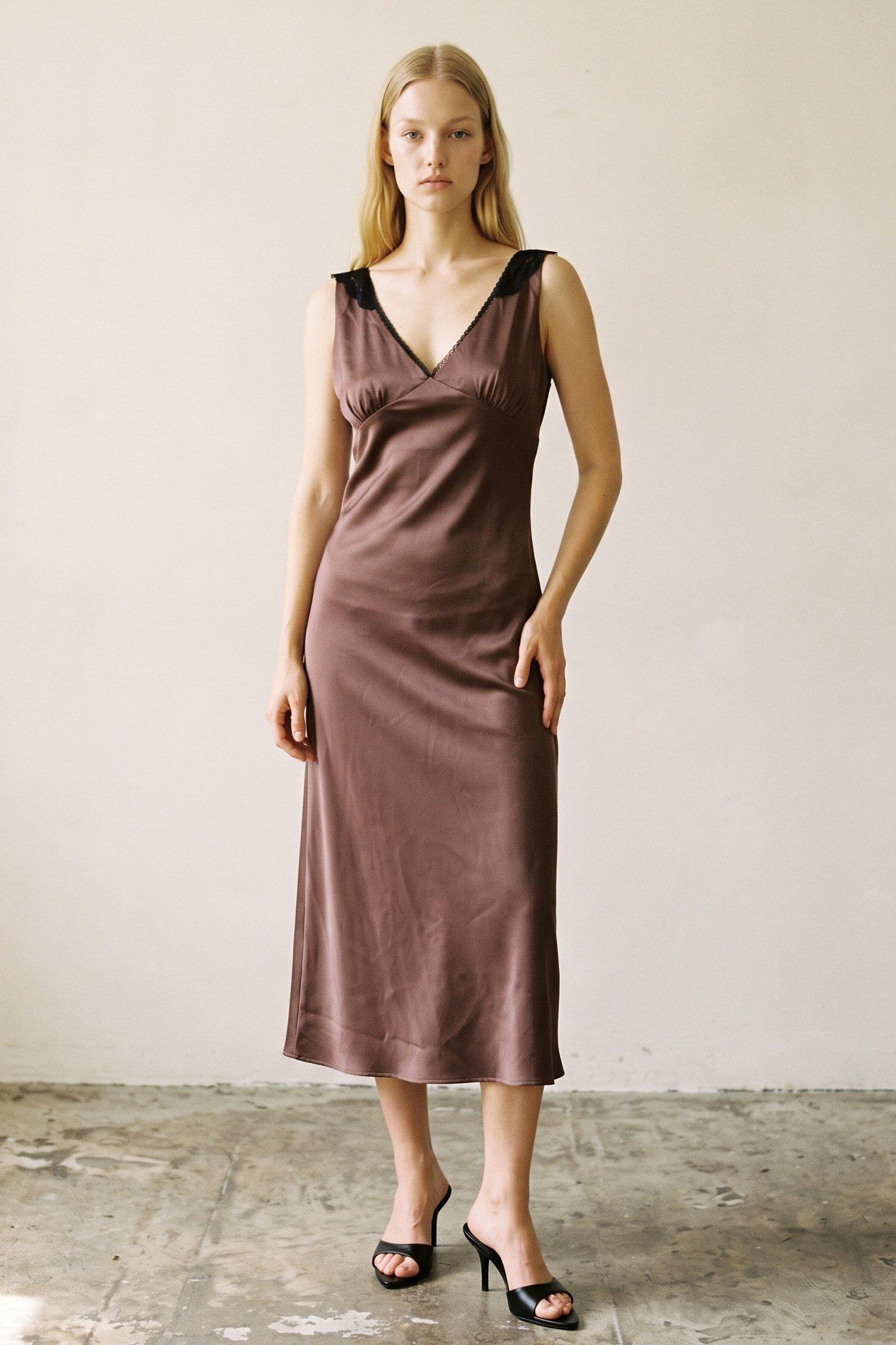 Luxe Satin Midi Dress (Satin Lace Midi Dress) image
