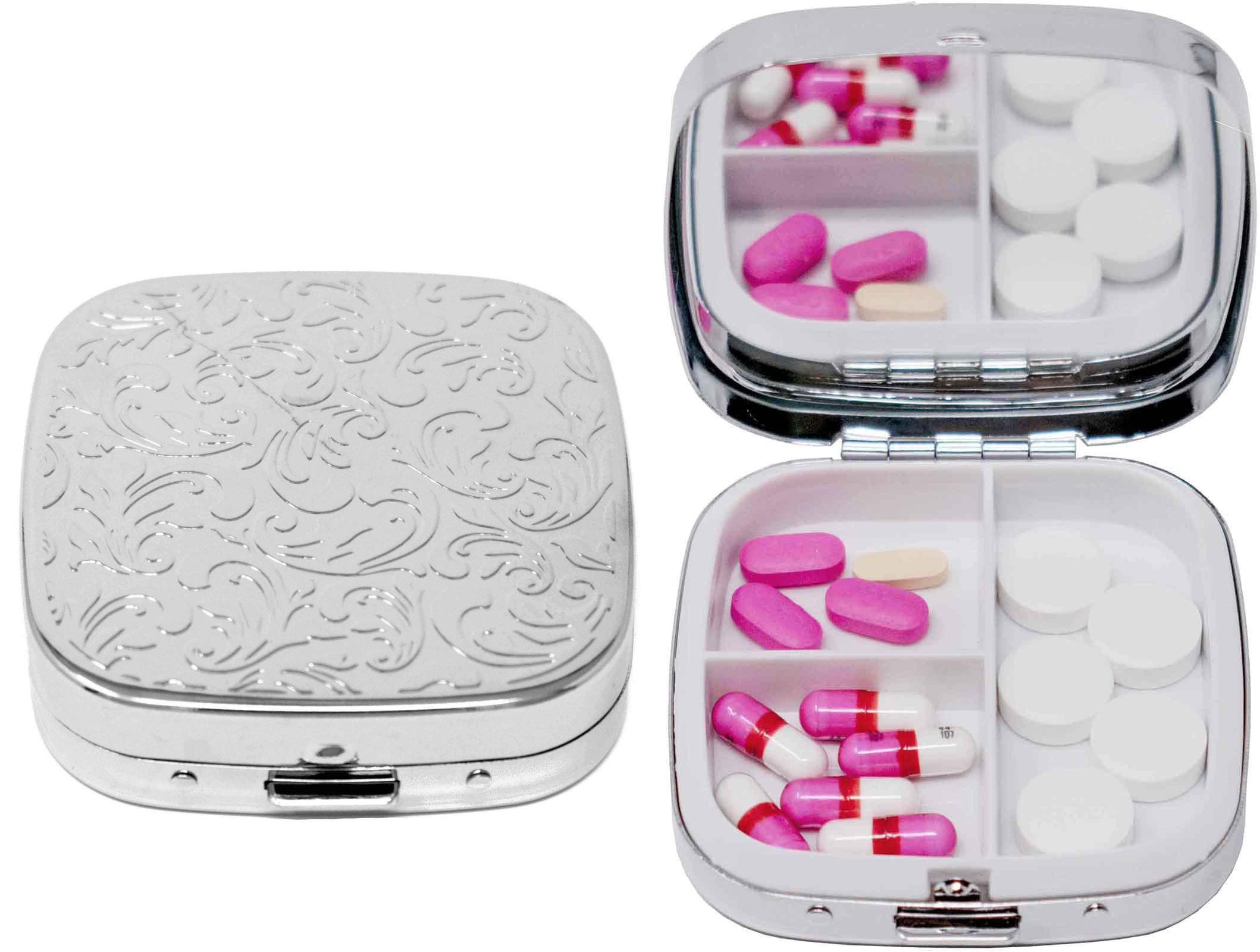 Square-Shaped Pill Boxes With Mirror (Silver Floral Print) image