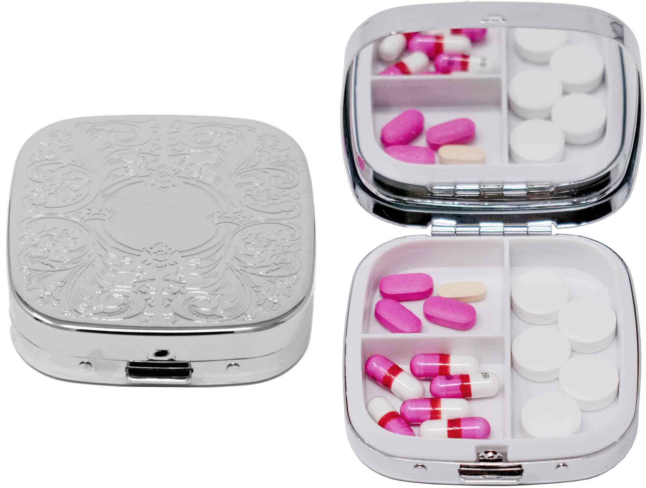 Square-Shaped Pill Boxes With Mirror (Silver Victorian Print) image