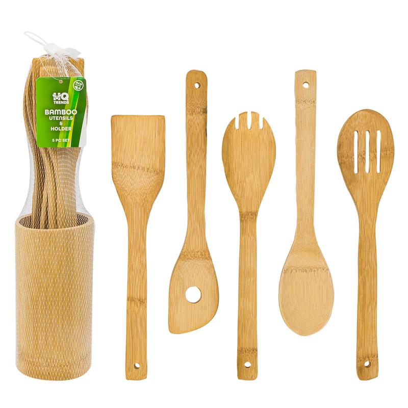 Bamboo Utensils and Holder, 5-Piece Set, Eco-Friendly image