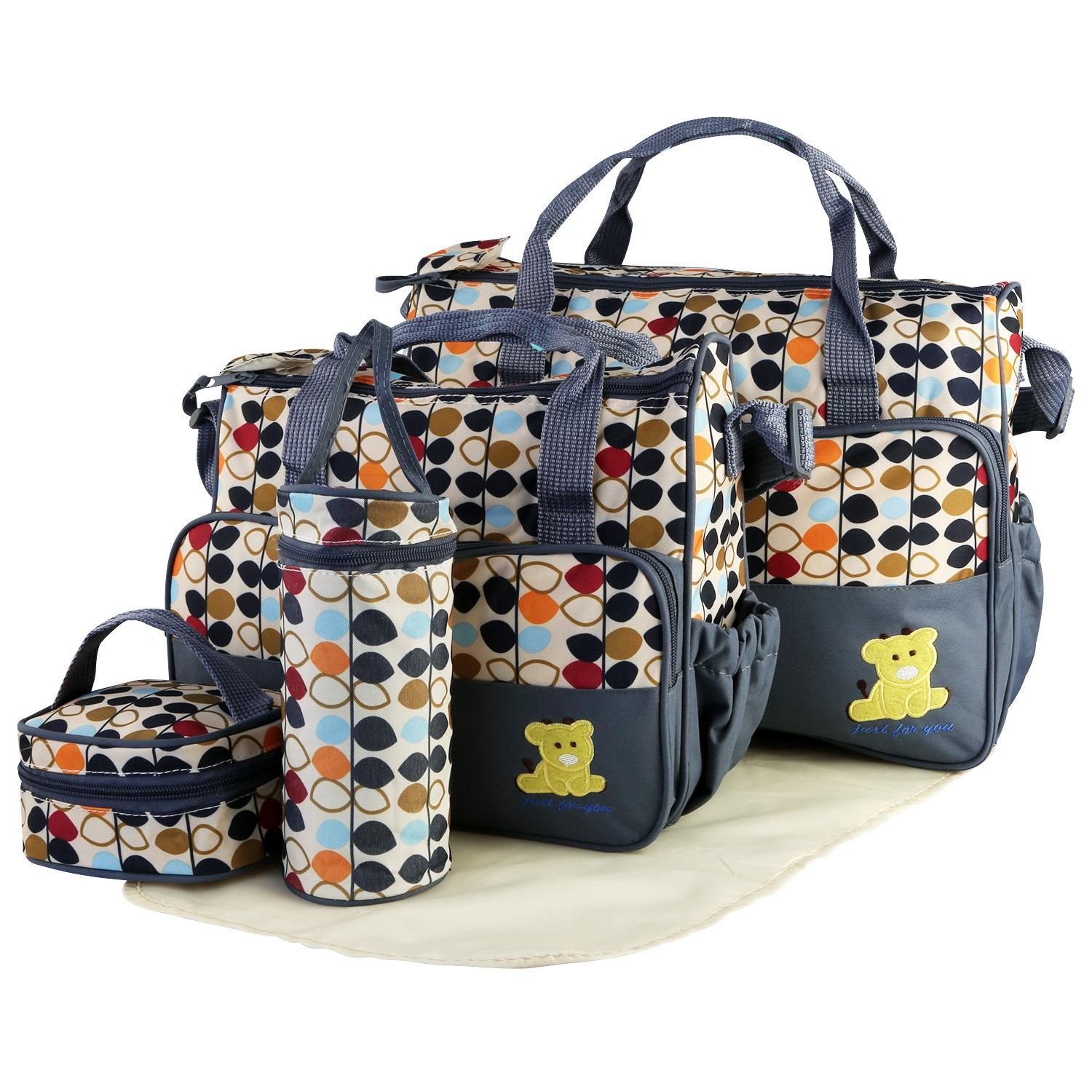 5PCS Baby Nappy Diaper Bags Set Mummy Diaper Shoulder Bags w/ Nappy Changing Pad Insulated Pockets Travel Tote Bags For Mom Dad image