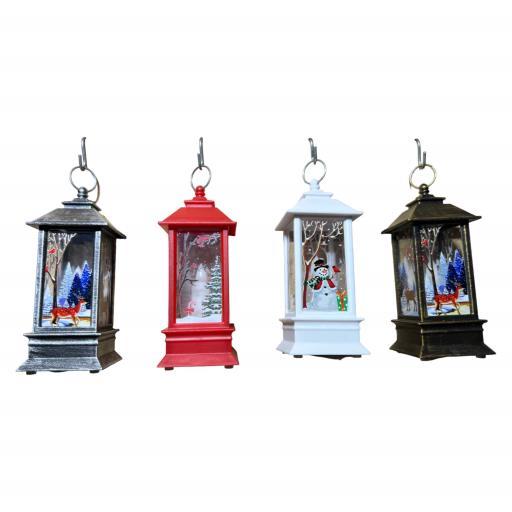 Christmas Lanterns Asst4 Snow Man Santa Deer Red Bronze Black White image