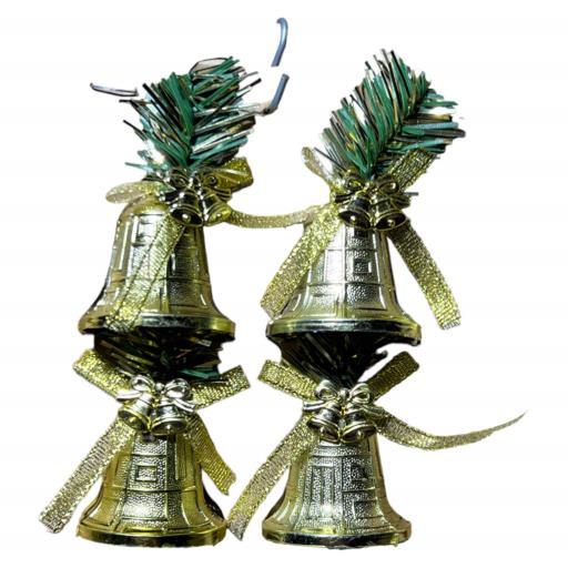 Christmas Bells With Bows And Leaves 4 In Pack Gold