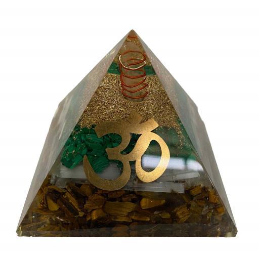 Malachite Selenite Tiger Eye With Om Orgonite Pyramid image