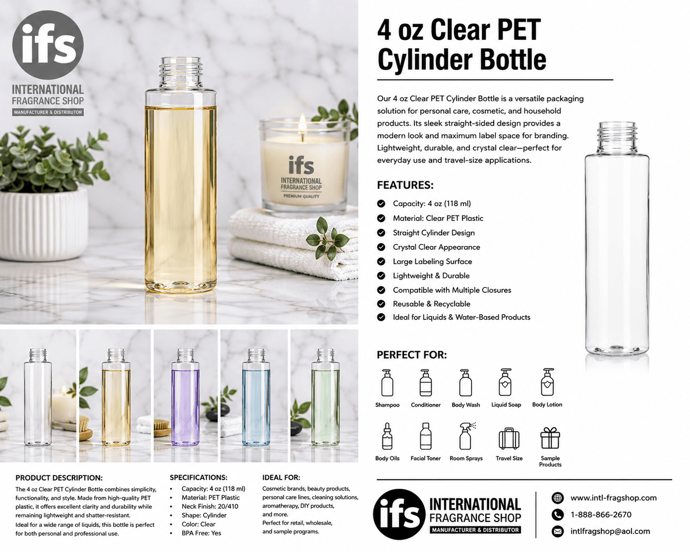 4 oz Clear PET Cylinder Bottle | Cosmetic Packaging 1 pc image