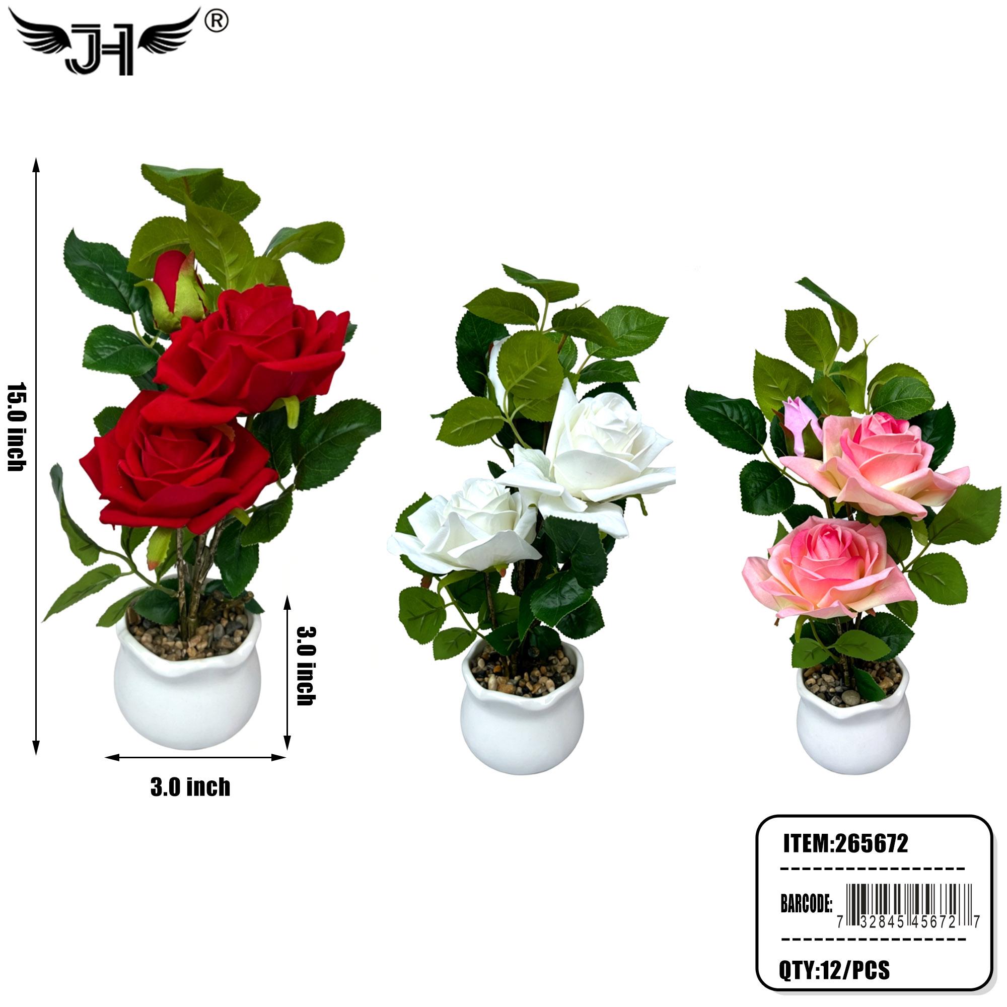 POT FLOWER - 15" ROSE 2 WHITE,4 PINK,6 RED 12PC/CS image
