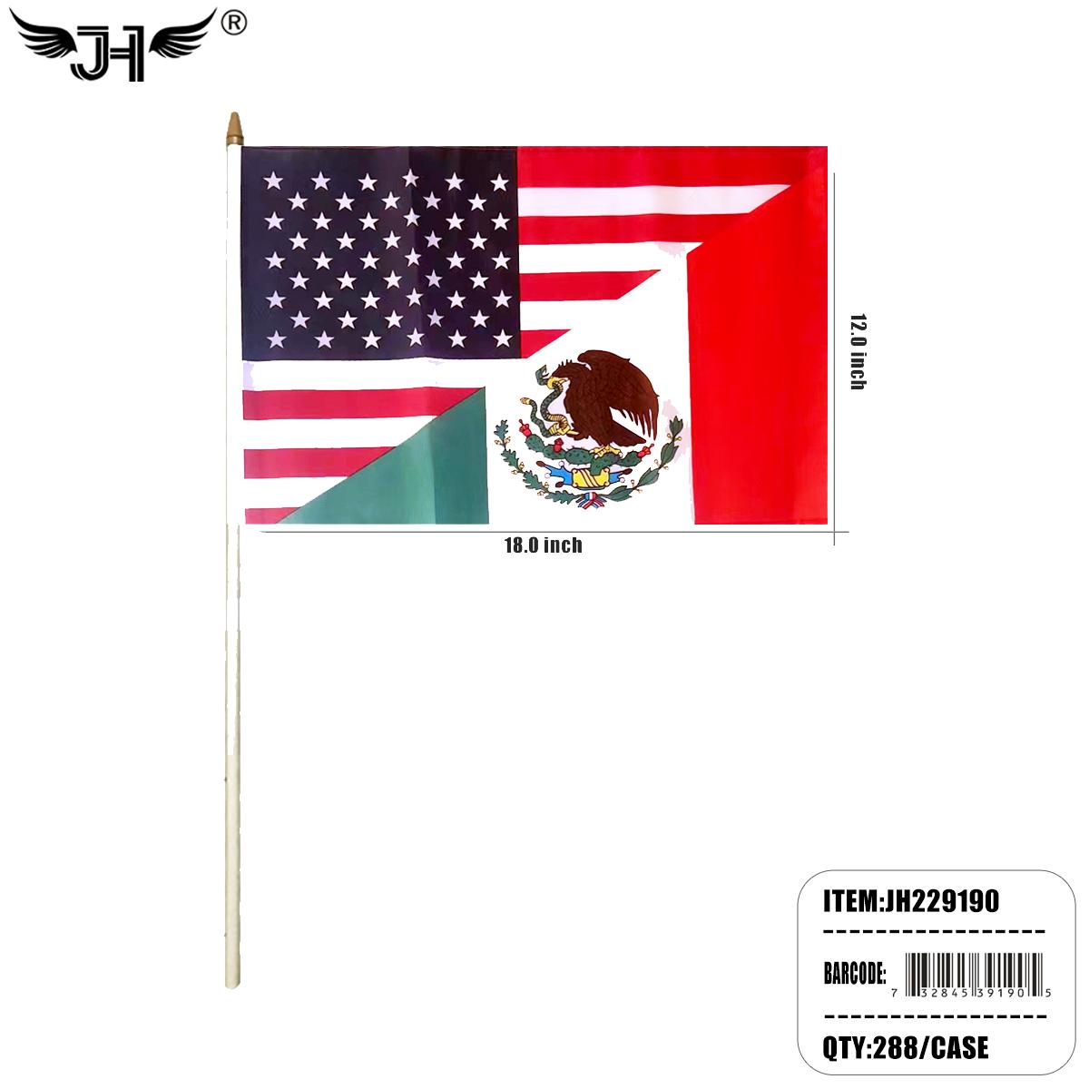 FLAG - 12"x18" # HAND STICK MEXICO & USA 10DZ/4BX/40DZ/CS image