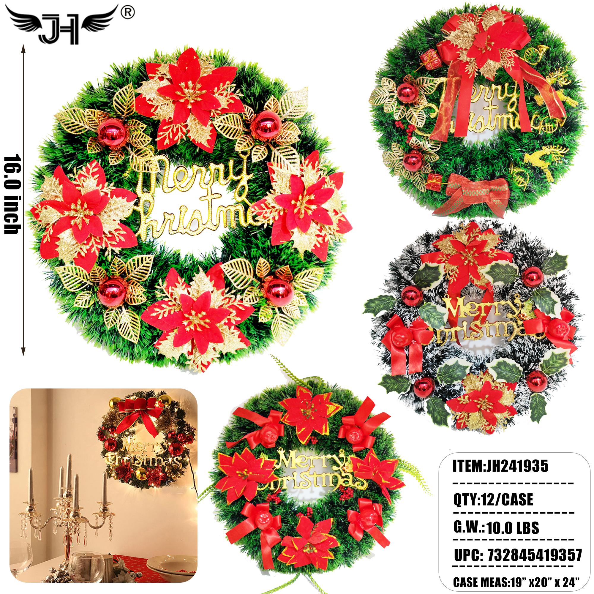 WREATH CHRISTMAS DECORATION AVERAGE 4 STYLE MIX 16" 12PC/CS image