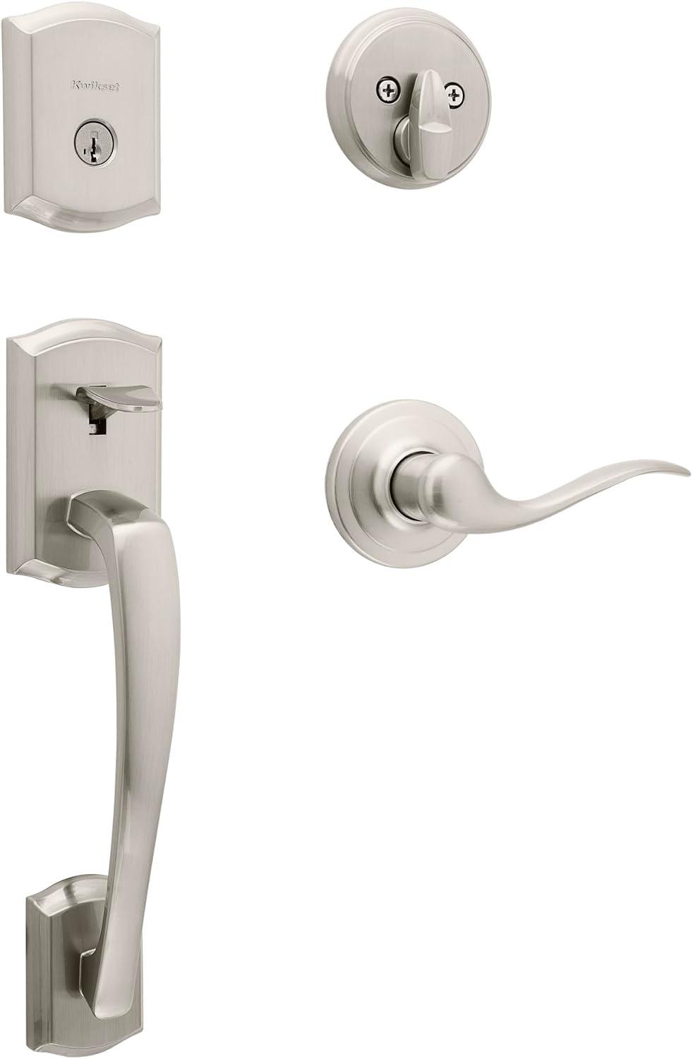 Kwikset Prescott Front Door Lock Handle and Deadbolt Set, Entry Door Handleset Exterior with Tustin Interior Reversible Lever, Satin Nickel, Pick Resistant SmartKey Rekey Deadbolt Security