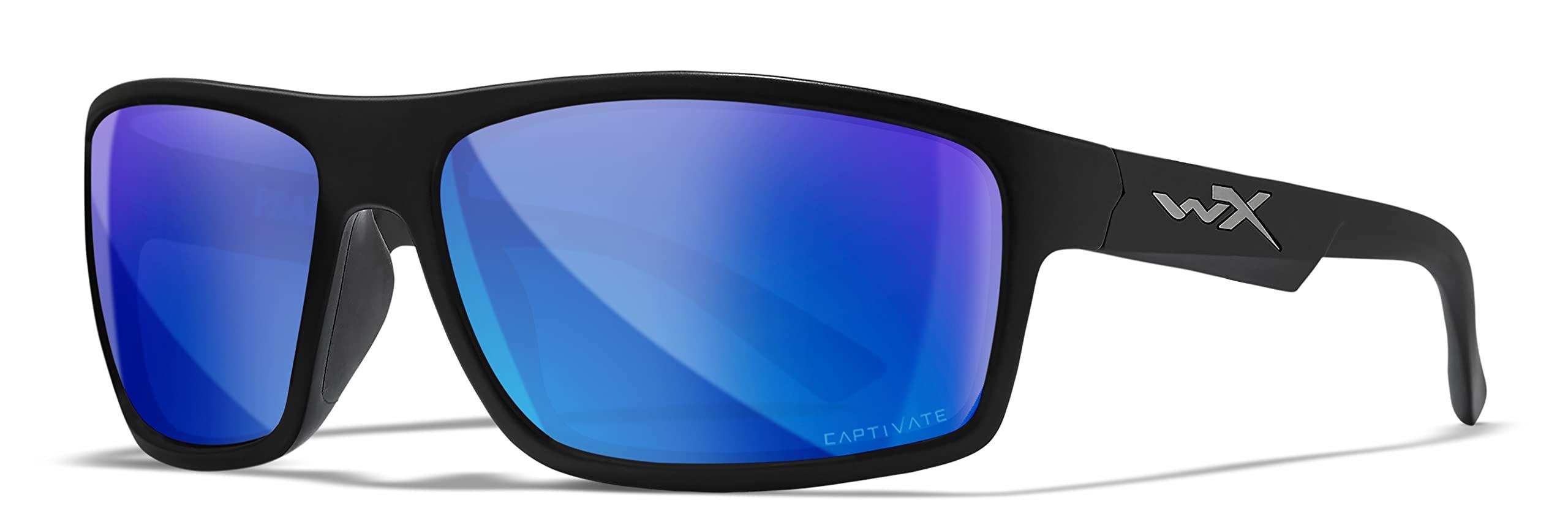 Wiley X Peak Captivate Polarized Sunglasses, Safety Glasses for Men and Women, UV Eye Protection for Shooting, Fishing, Biking, and Extreme Sports, Matte Black Frames, Blue Mirror Tinted Lenses image