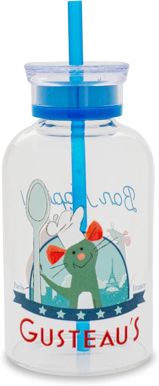 Disney Pixar Ratatouille Gusteau's Bon Appetit Glass Milk Bottle With Straw | Clear Jug For Almond Milk, Juice, Beverages | Holds 15 Ounces