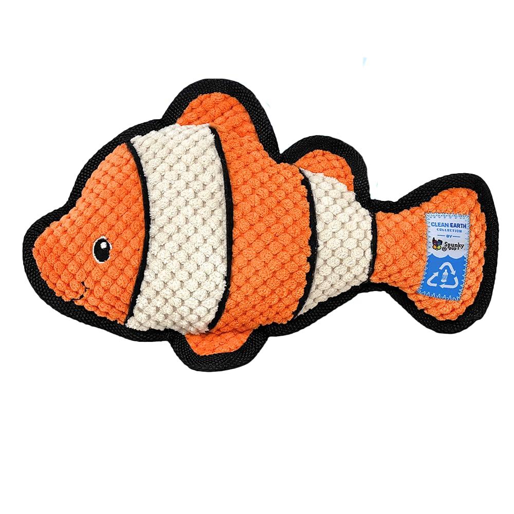 Spunky pup Clean Earth Plush Dog Toy with Squeaker - Recycled, Eco-Friendly, Floats for Beach, Lake, Pool - Clownfish