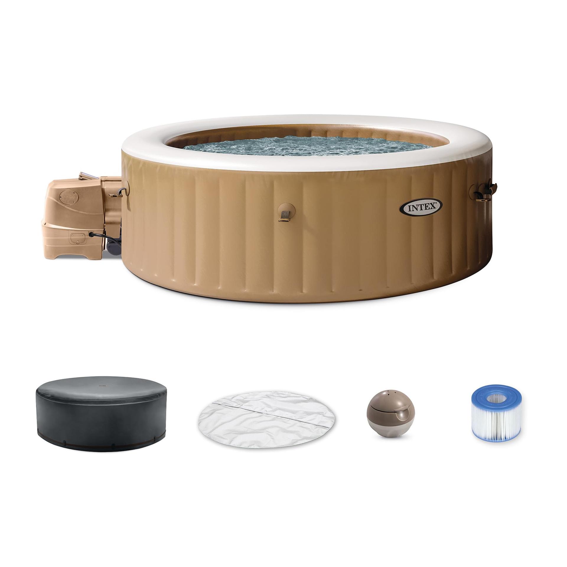 Intex PureSpa 6 Person Bubble Massage Inflatable Hot Tub Spa Set, Sahara Tan - Portable Outdoor Spa Plus Water Heater Pump, Foam Cover, Dispenser Ball image