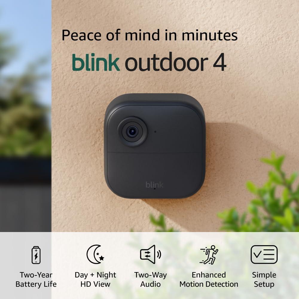 Blink Outdoor 4 - Wireless smart security camera, two-year battery life, 1080p HD day and infrared night live view, two-way talk. Sync Module Core included - 2 camera system