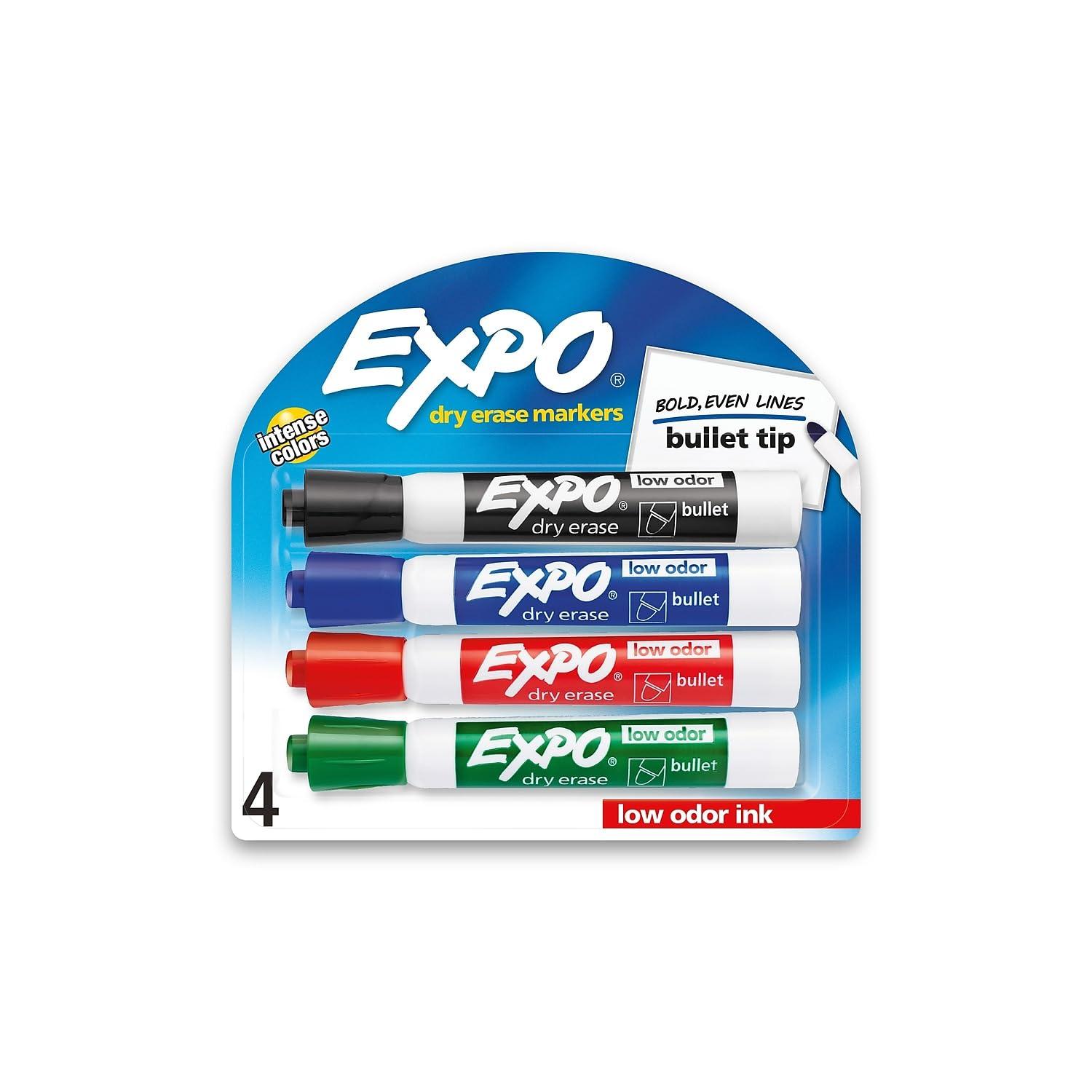 EXPO Low-Odor Dry-Erase Markers, Bullet Tip, Assorted Ink Colors, Pack Of 4 Markers image