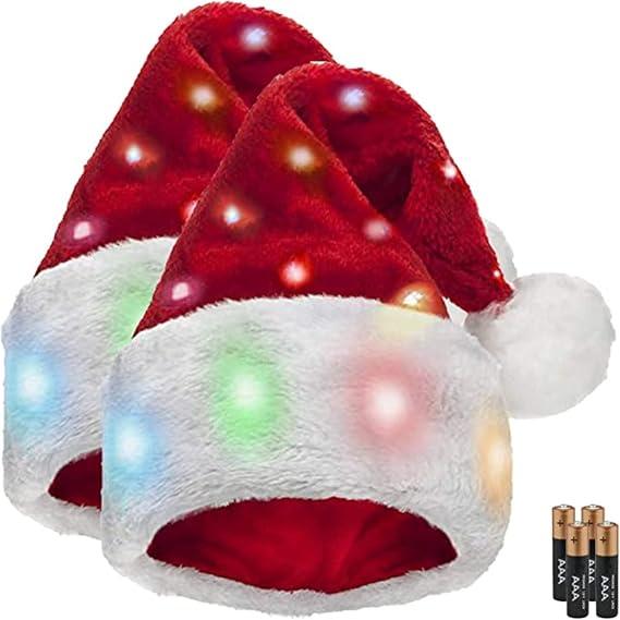 Plush Santa Hat - Pack of 2 - Funny Christmas Hats for Kids & Adults with 20 Light Up, Color-Changing LED Lights and Batteries - Adult Size image
