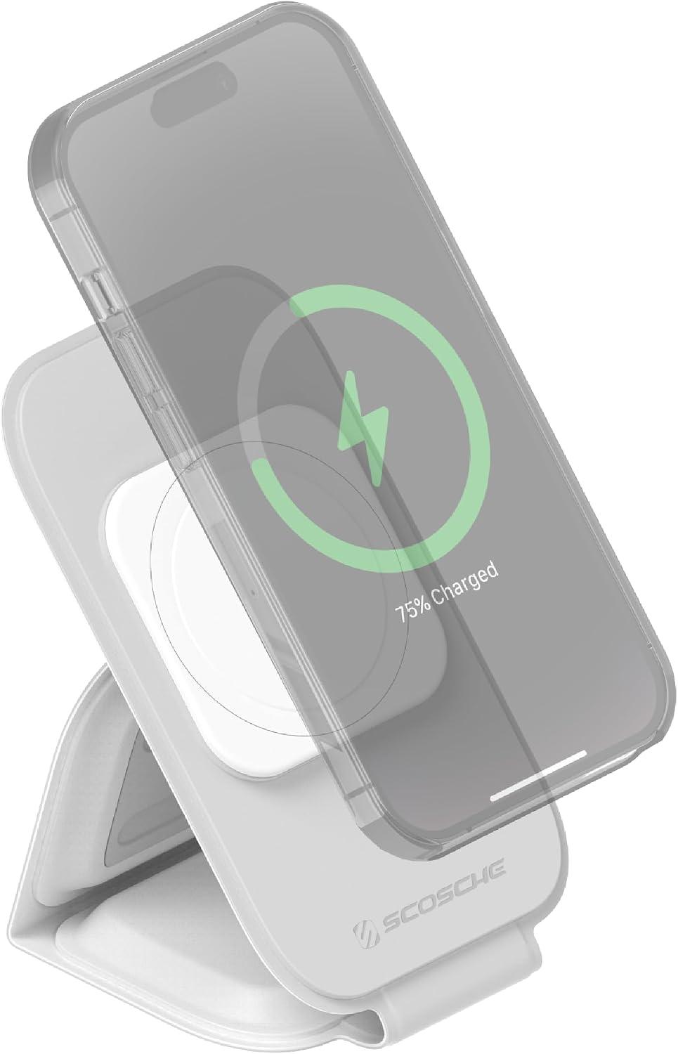 Scosche MSQFG2N1WT MagicMount Travel 2-in-1 Magnetic Dual Wireless Charging Station, Fast Charger Stand w/Foldable Flat Pad, image