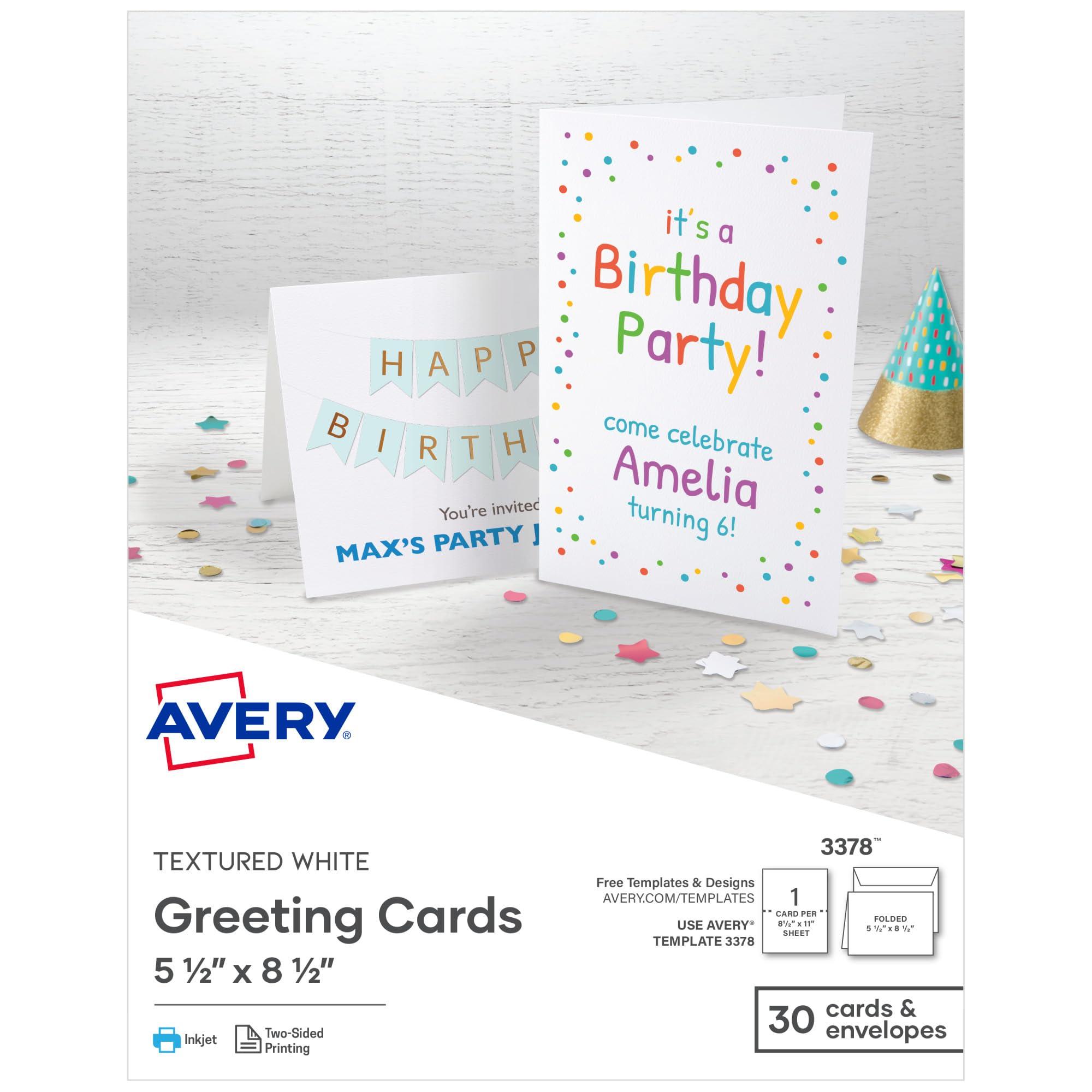 Avery Printable Half-Fold Greeting Cards, Envelopes Included, 5.5" x 8.5", Textured White, Inkjet Printer Compatible, 30 Blank Cards Total, Great for Product Branding, Marketing, and More (3378) image