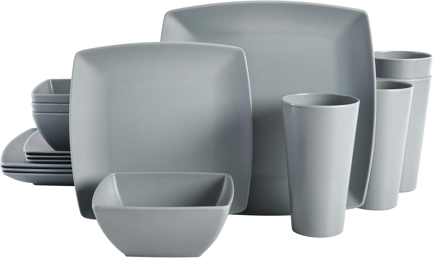 Gibson Home Soho Grayson Square Melamine Plastic Dinnerware Set, Service for Four (16pcs), Grey image