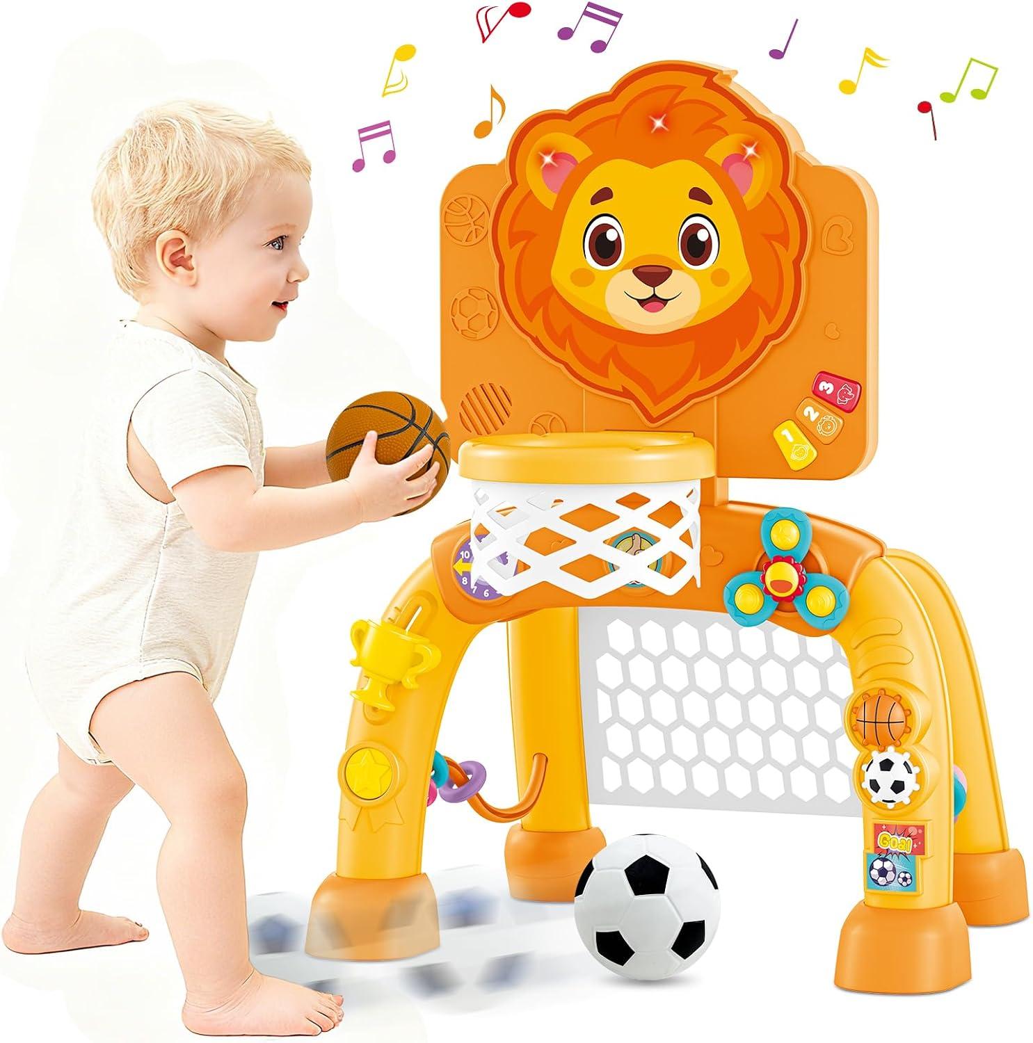 2 in 1 Basketball Hoop and Soccer Goal Set, Toddler Sports Toy for Indoor Outdoor Play, Perfect Christmas Birthday Gift for Baby Boys and Girls 1 2 3 Year Old，Lion Theme image