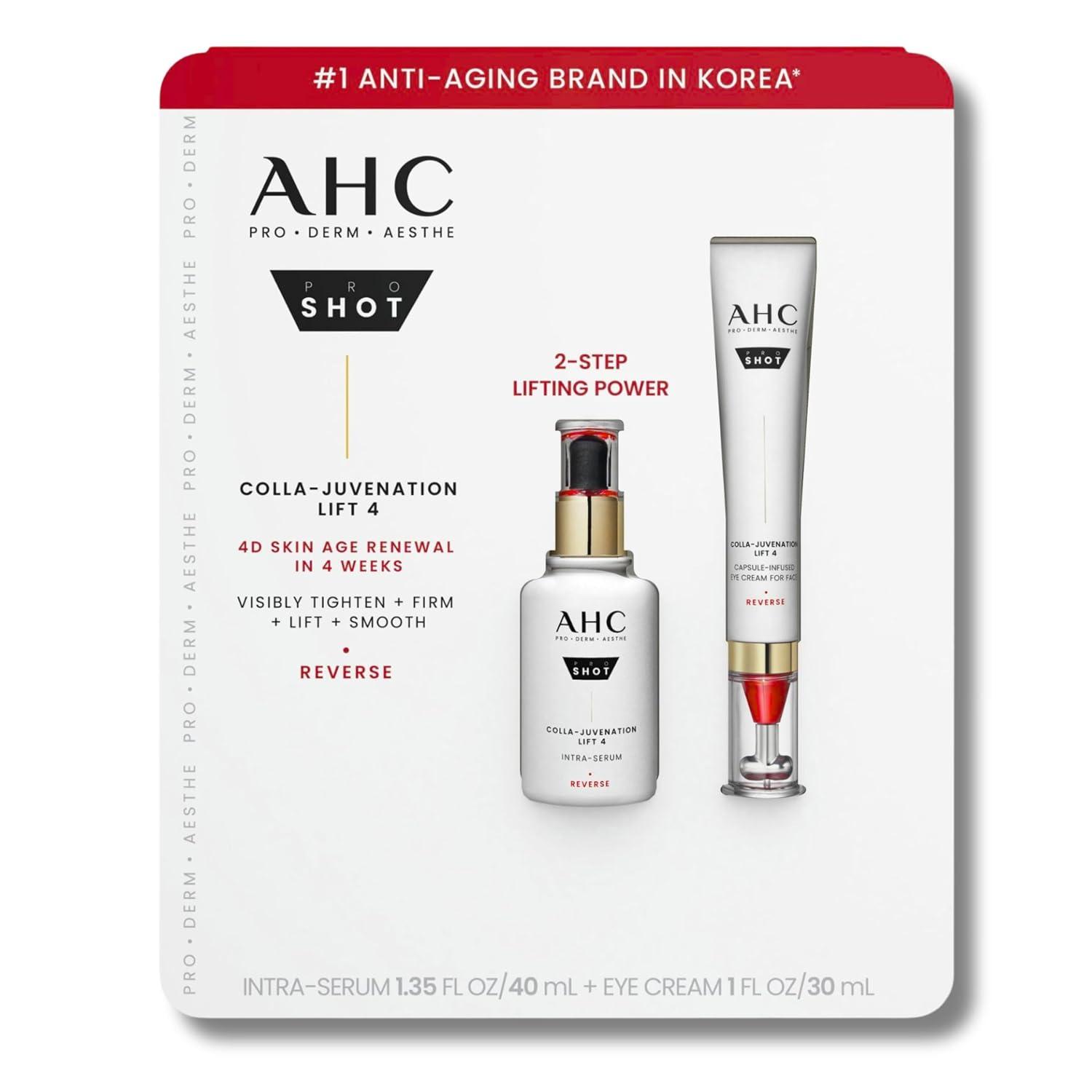 AHC Pro Shot Colla Juvenation Lift 4 Anti Aging Face Serum and Eye Cream Set, Reduce Wrinkles and Firm Skin Care, Anti-Wrinkle Retinol, Pore Tightening, 4 Collagen + 4 Peptides, 1.35 oz + 1 oz image