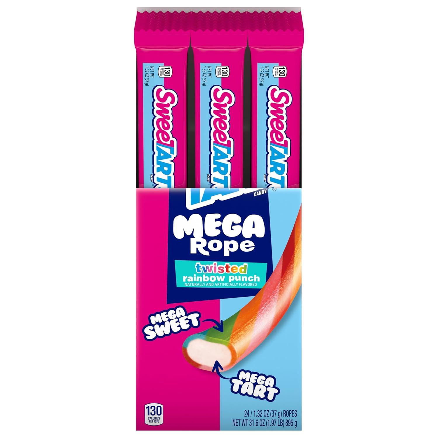 SweeTARTS Mega Filled Ropes Candy, Twisted Rainbow Punch, Sweet and Tart, 1.32 oz (Pack of 24)