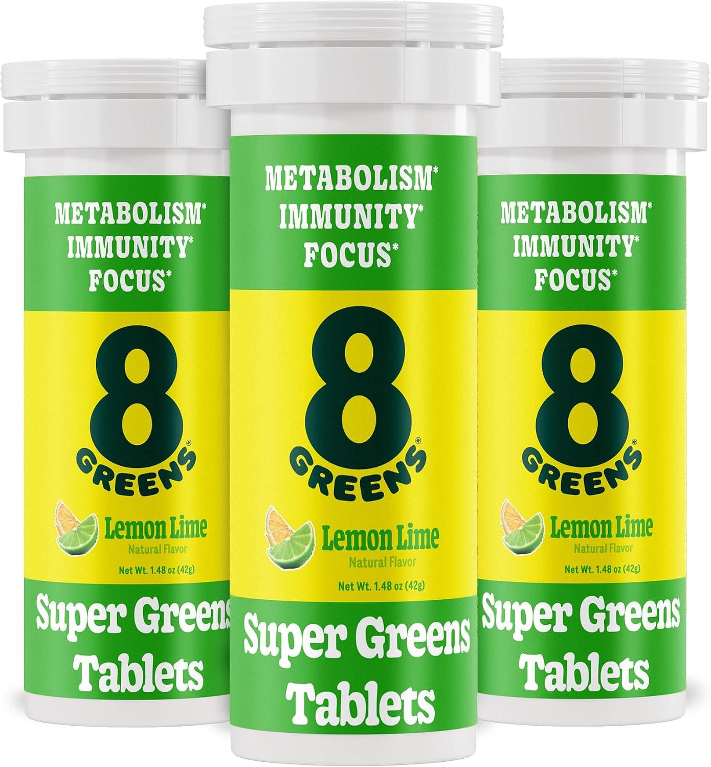 8Greens Supergreens Tablets | Super Greens Powder Superfood, Metabolism Immunity & Focus, Daily Greens Effervescent Tablets, Organic: Aloe Vera, Spirulina, Chlorella, Lemon Lime, Tube 30 Servings image