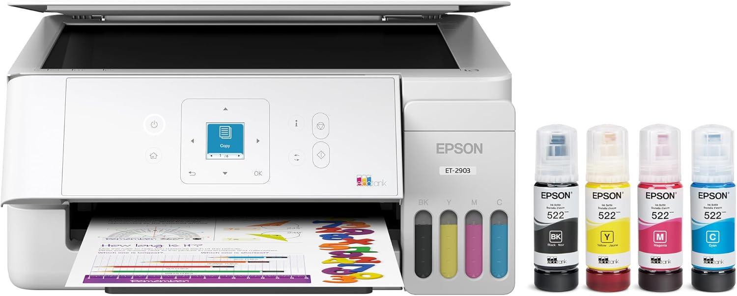 Epson EcoTank ET-2903 Wireless All-in-One Color Supertank Printer with up to 3 Years of Ink, Refillable Tanks, Perfect for Home, 11 PPM, 1.44" Color Screen, Built-in Scanner - White image