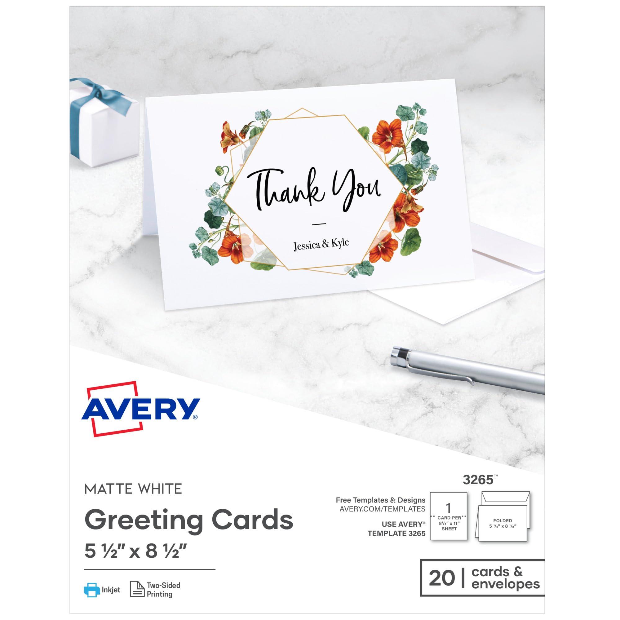 Avery Printable Half-Fold Greeting Cards, Envelopes Included, 5.5" x 8.5", Matte White, Inkjet Printer Compatible, 20 Blank Cards Total, Great for Product Branding, Marketing, and More (3265) image