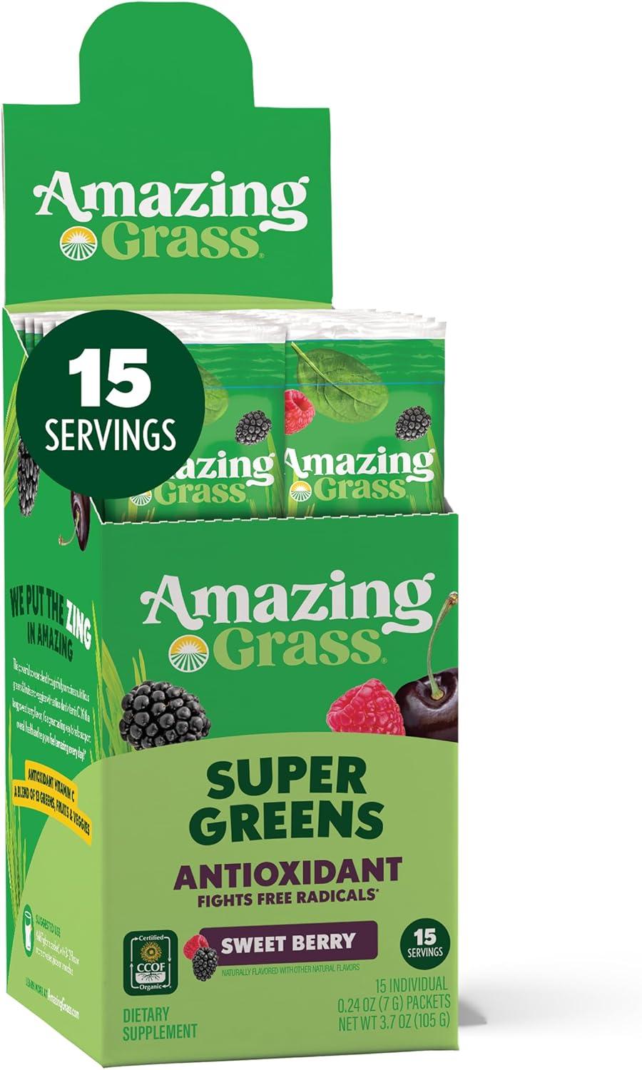 Amazing Grass Super Greens Powder Antioxidant Stick Packs, Greens Blend with Spirulina, Beet Root Powder, Elderberry, Prebiotics & Probiotics, Sweet Berry, 15 Servings, 3.7 Ounce (Packaging May Vary) image