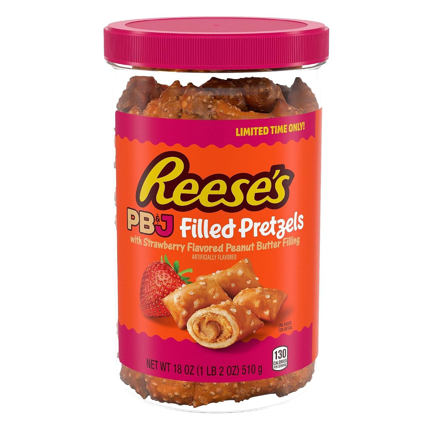 Reese's Filled Pretzels, Peanut Butter and Strawberry Flavored Pretzel Nuggets, Crunchy, Ready to Eat, Sweet and Salty Snack, 18 oz Cannister image