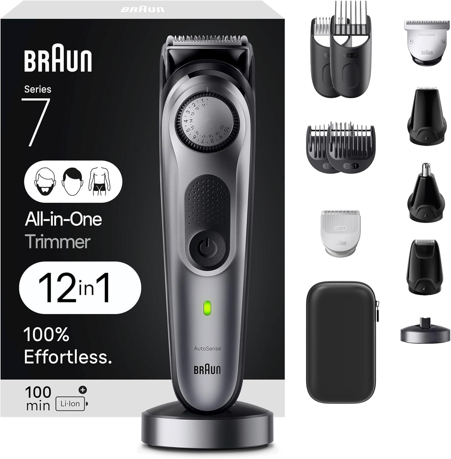 Braun All-in-One Men's Shaving Kit Series 7 7440, 12-in-1 Beard, Face, Nose, Ear Trimmer, Hair Clippers, Body Groomer and Manscaping + Travel Case + Charging Stand image