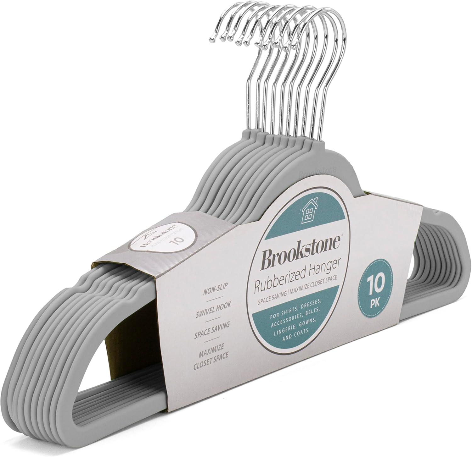 BROOKSTONE, 10 Pack [Non-Slip] High Grade Rubber Coated Plastic Hangers, Ultra Slim Lightweight Design, Heavy-Duty, Won't Stain Fabric, Swivel 360° Hook, Gray image